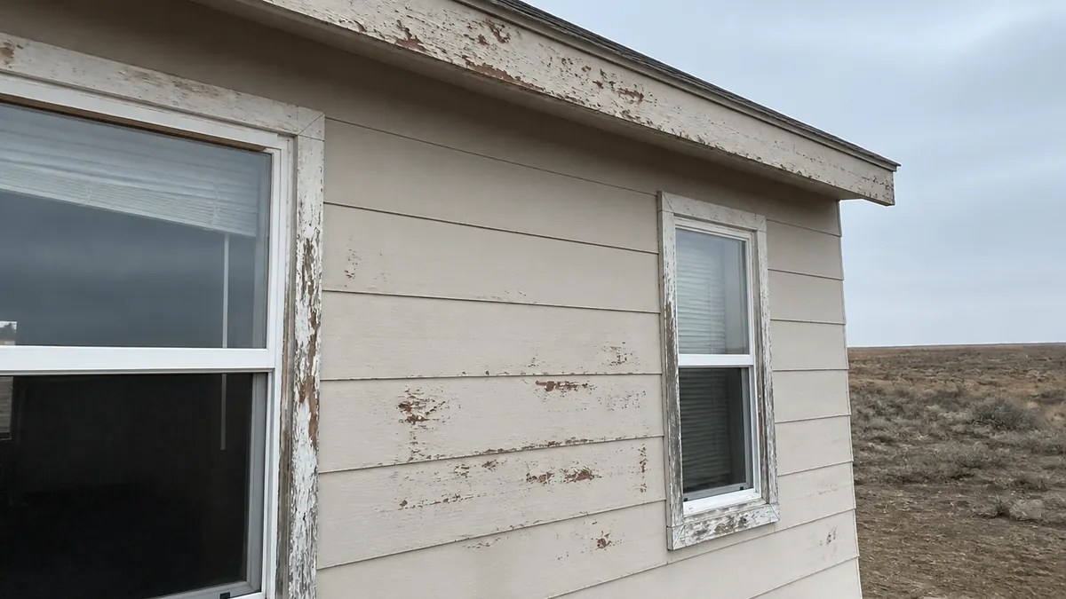 Weathered exterior paint before a repaint in Granger, Wyoming.