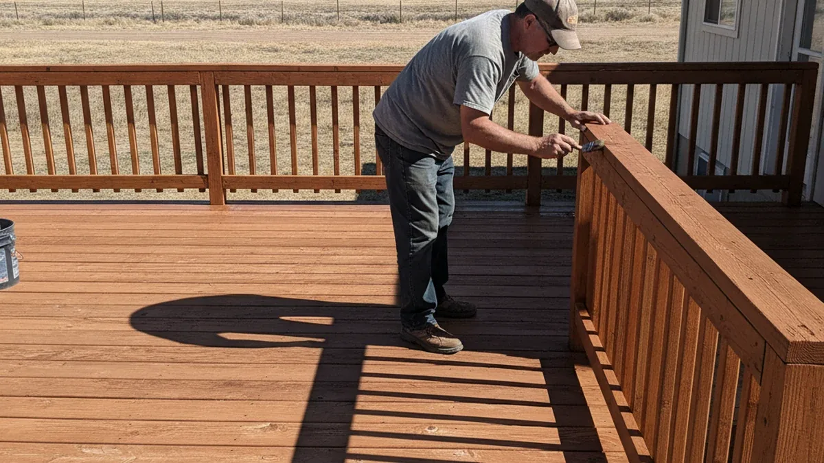 Deck staining UV protection Rock Springs Wyoming Sweetwater County high altitude wind exposure residential