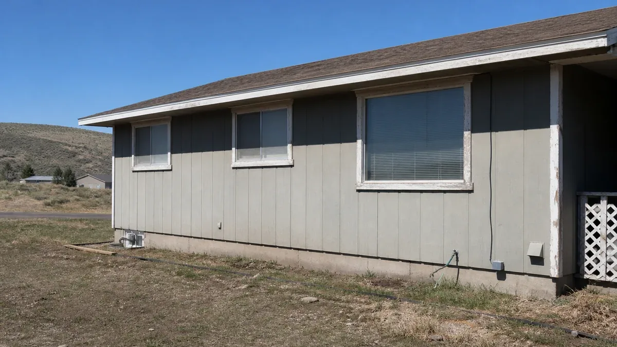 Sun-faded exterior paint on a south-facing wall of a Rock Springs, WY home before repainting